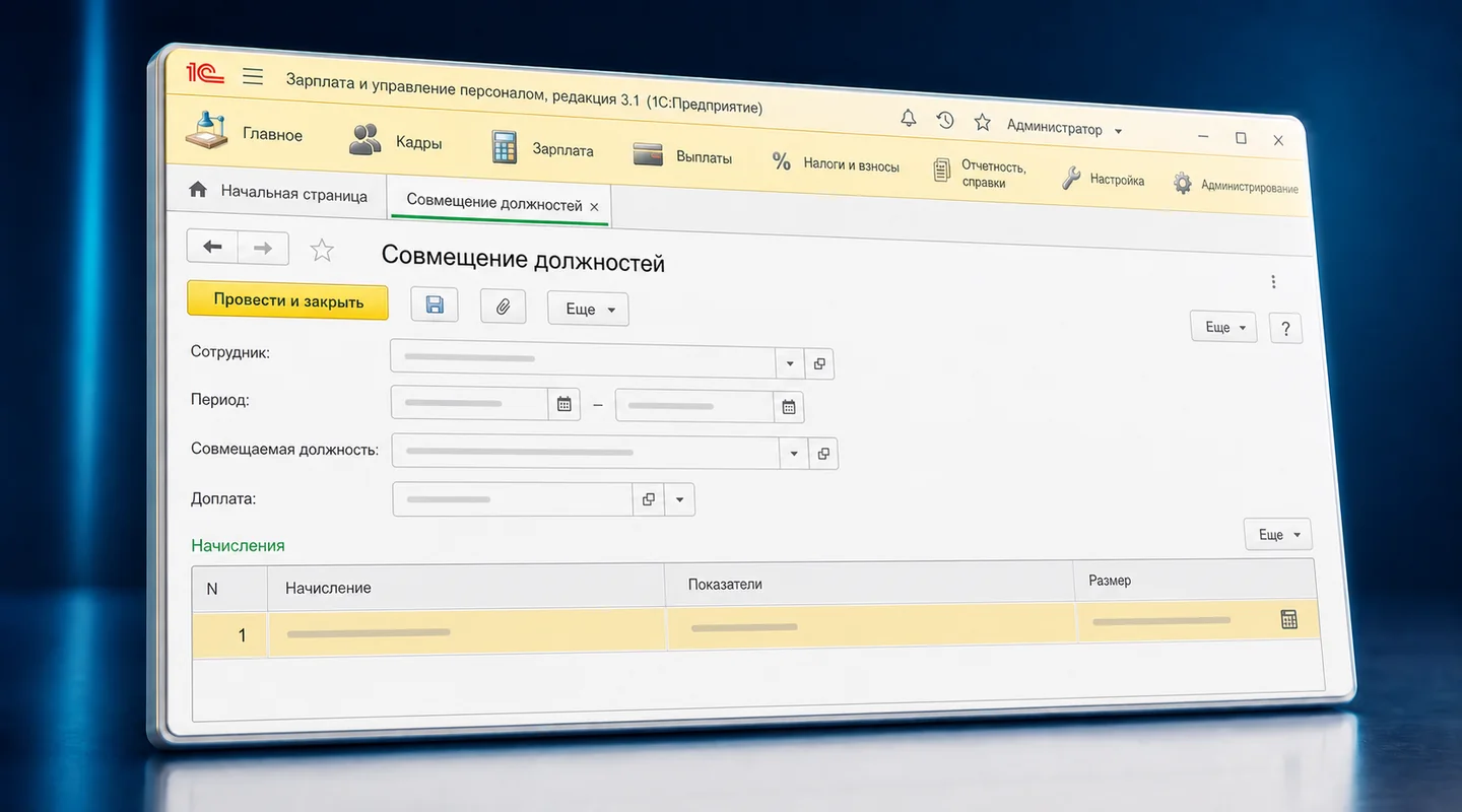 Совмещение должностей в 1С:ЗУП: доплата, срок и отражение в расчёте